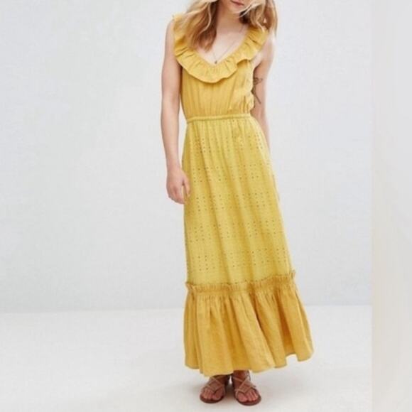 Moon River Dresses & Skirts - Moon River mustard yellow eyelet ruffle maxi dress tank Anthropologie boho